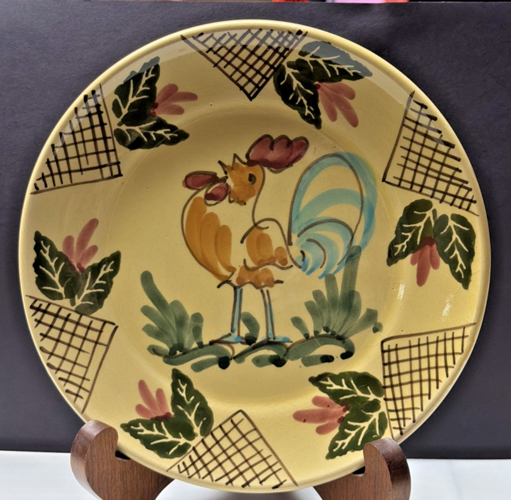 Vtg Lamas Pottery Italy Ceramic Rooster Hen Plate Floral Grid Design Farmhouse
